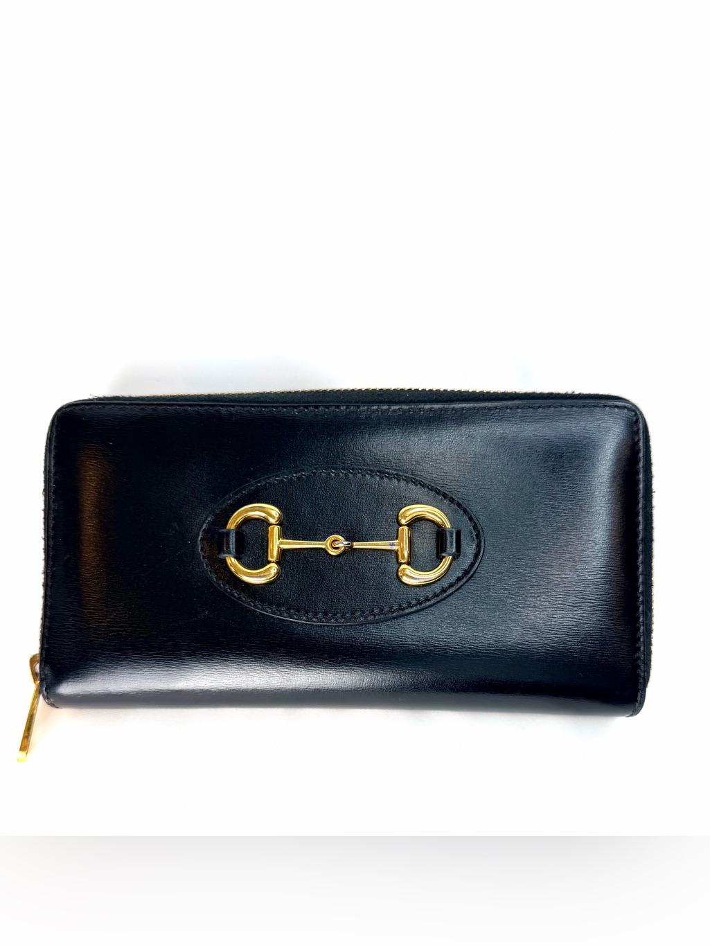 Gucci Black Leather Horsebit Zip Around Wallet With Gold Hardware Authentic